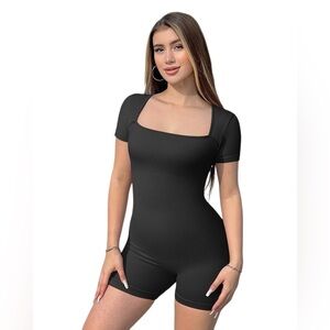 OQQ Ribbed Square Neck Short Sleeve Romper in Black